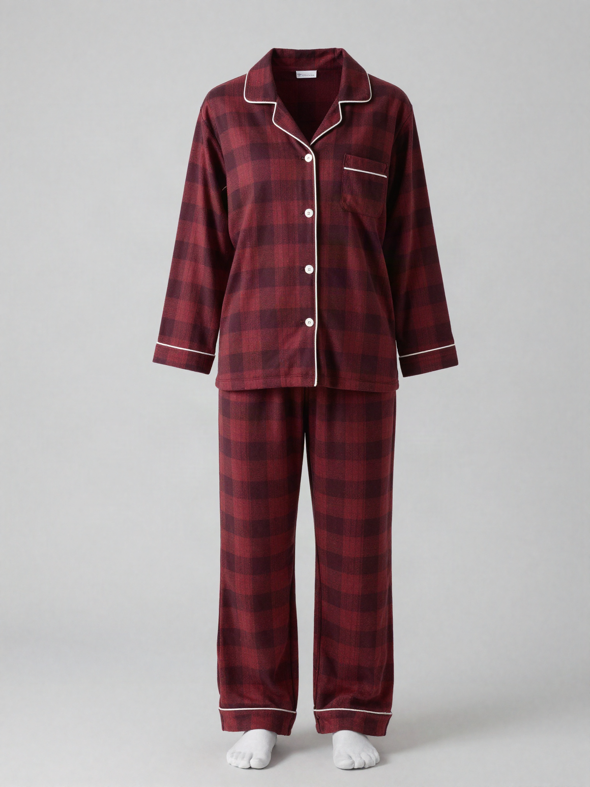 Runvard - Brushed Flannel Pajama Set with Piped Trim