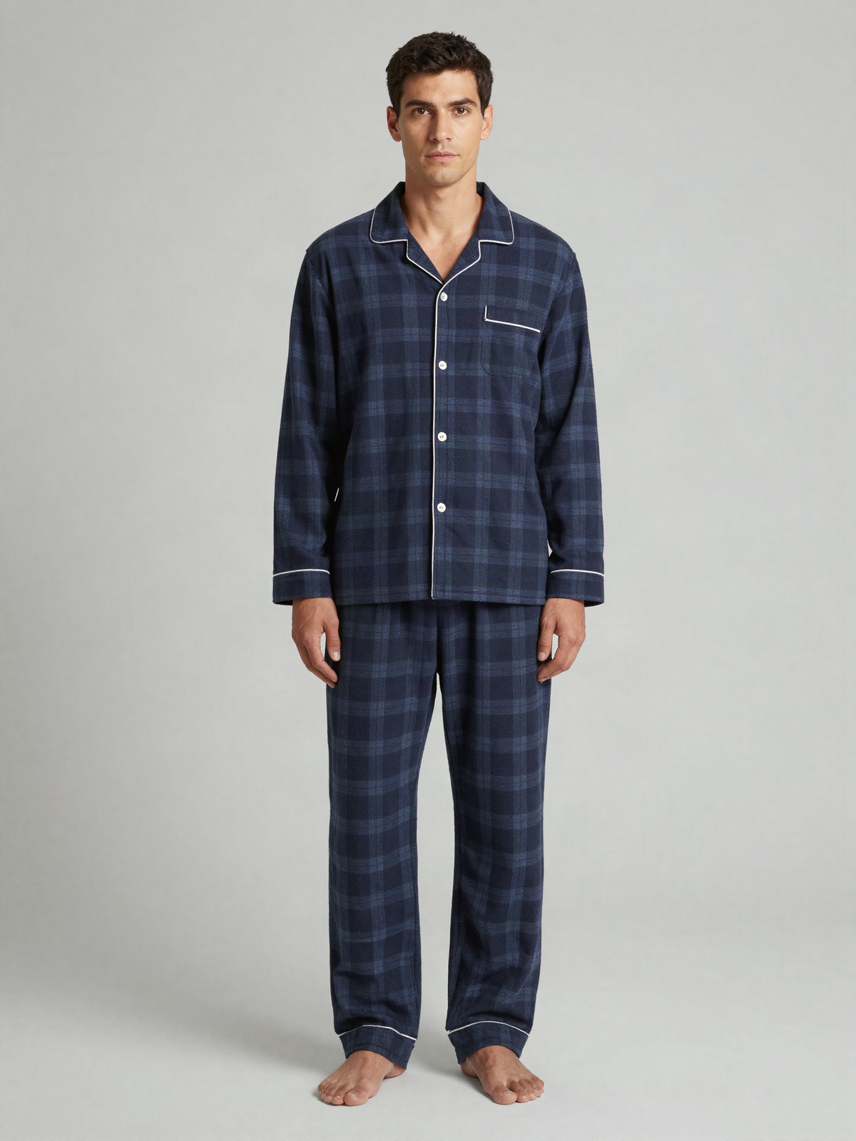 Runvard - Brushed Flannel Pajama Set with Piped Trim